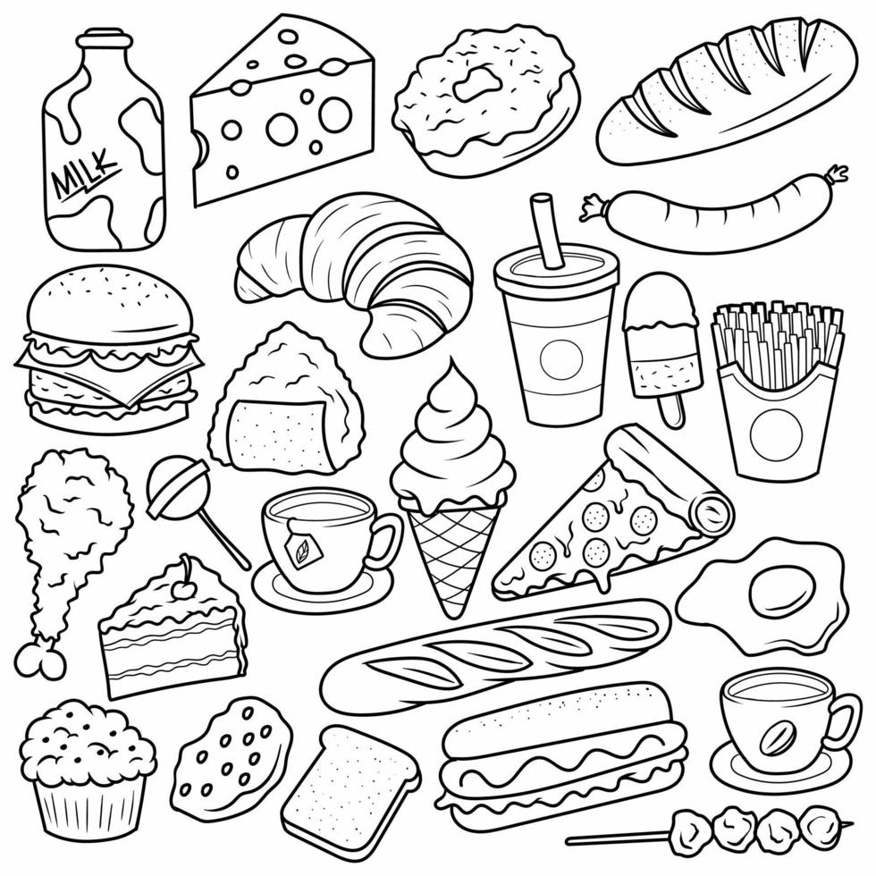 arte de línea de vector de doodle de alimentos y bebidas