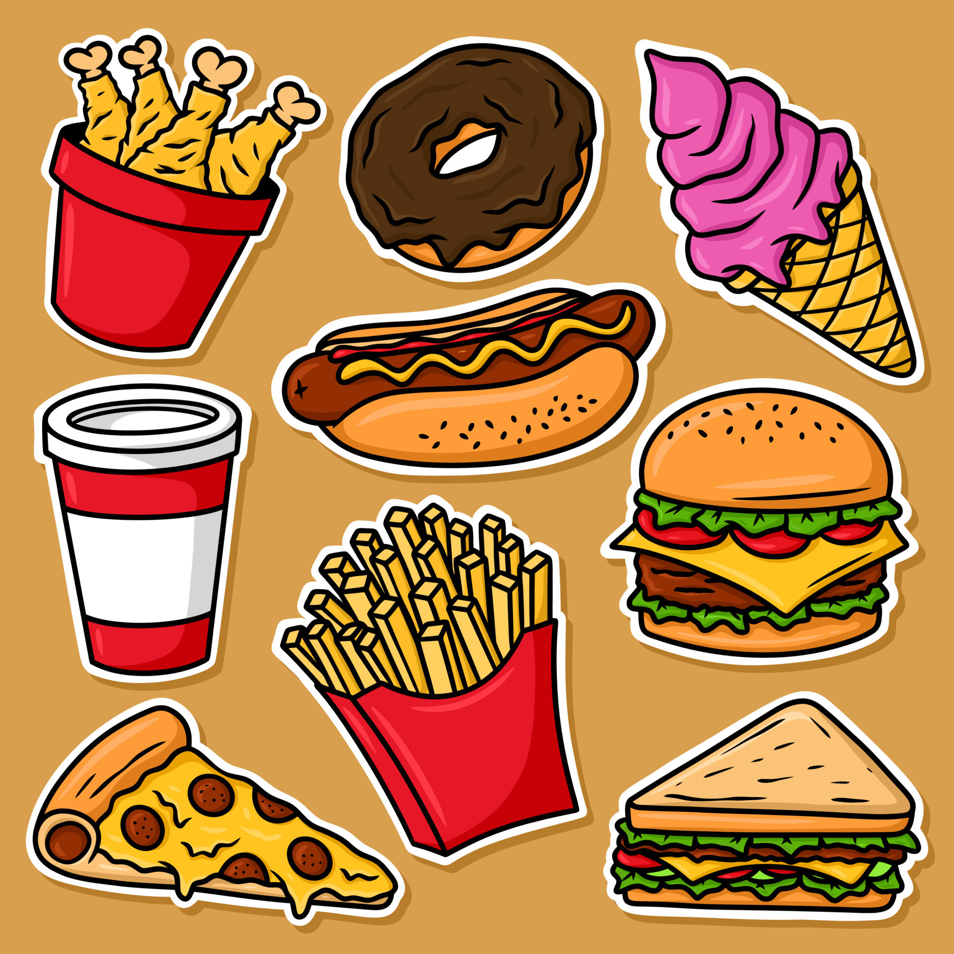 Sticker set Fast Food Cartoon Vector 8693409 Vector Art at Vecteezy
