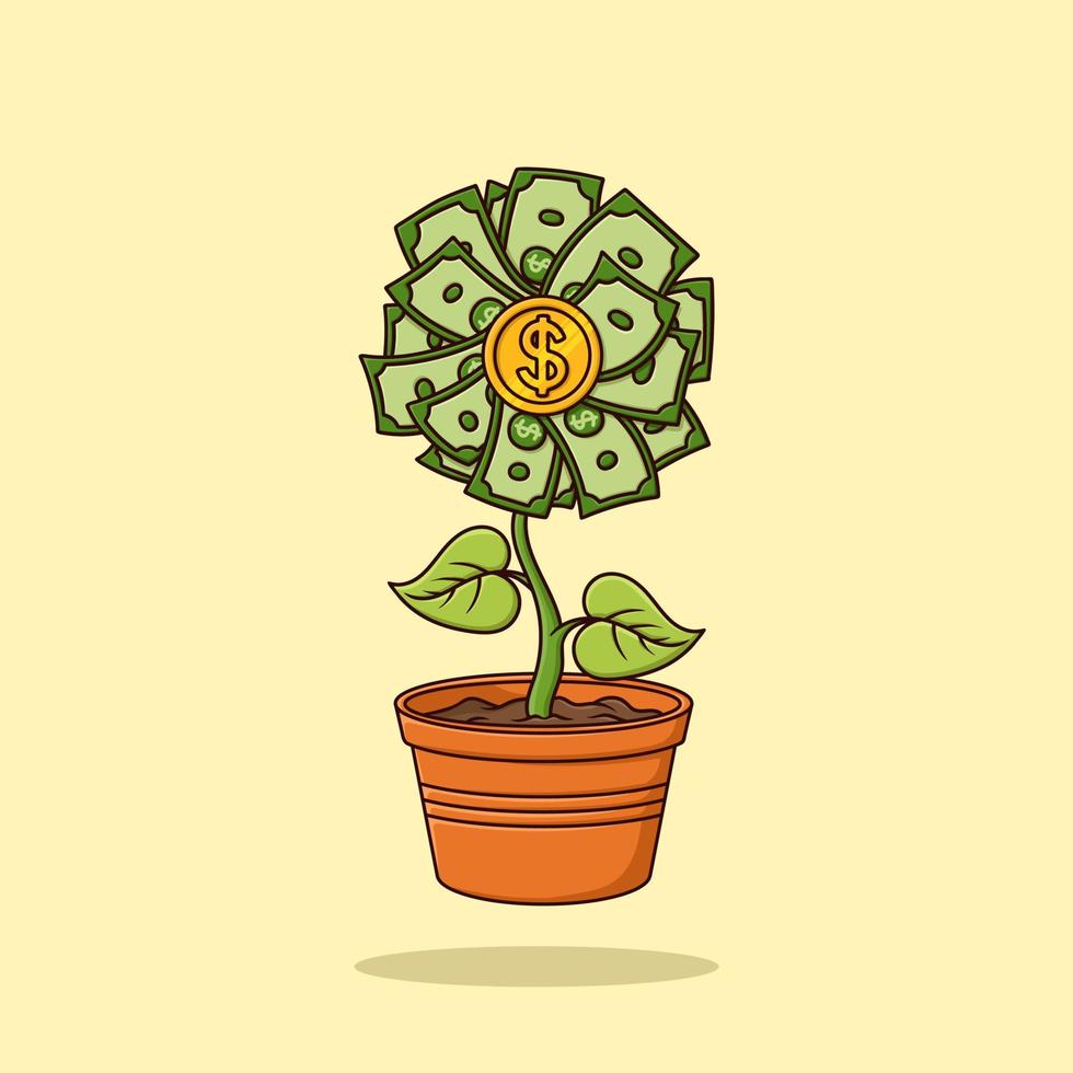 flores de dinero crecen en macetas ilustración vectorial de dibujos animados vector