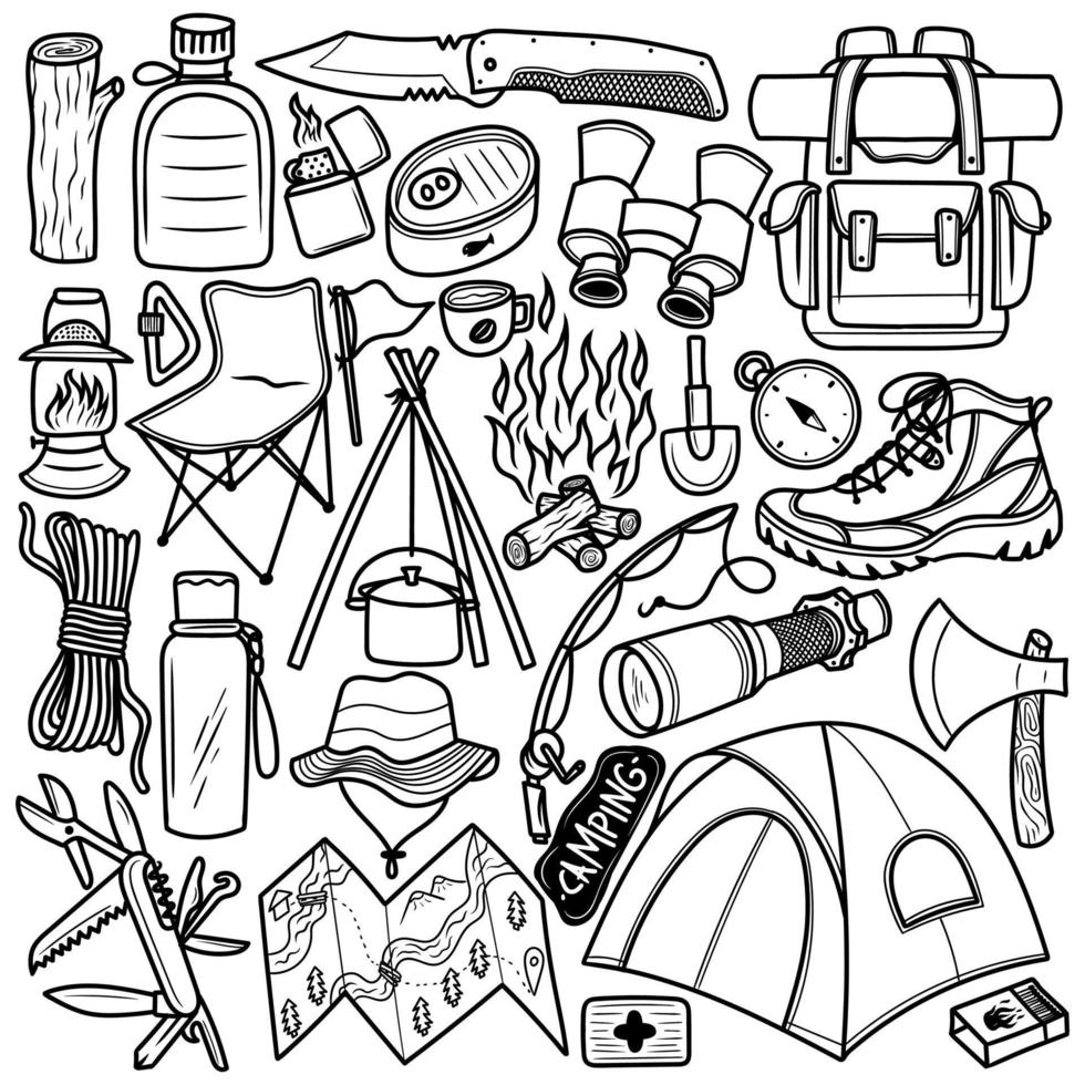 conjunto, camping, mano, dibujado, garabato vector