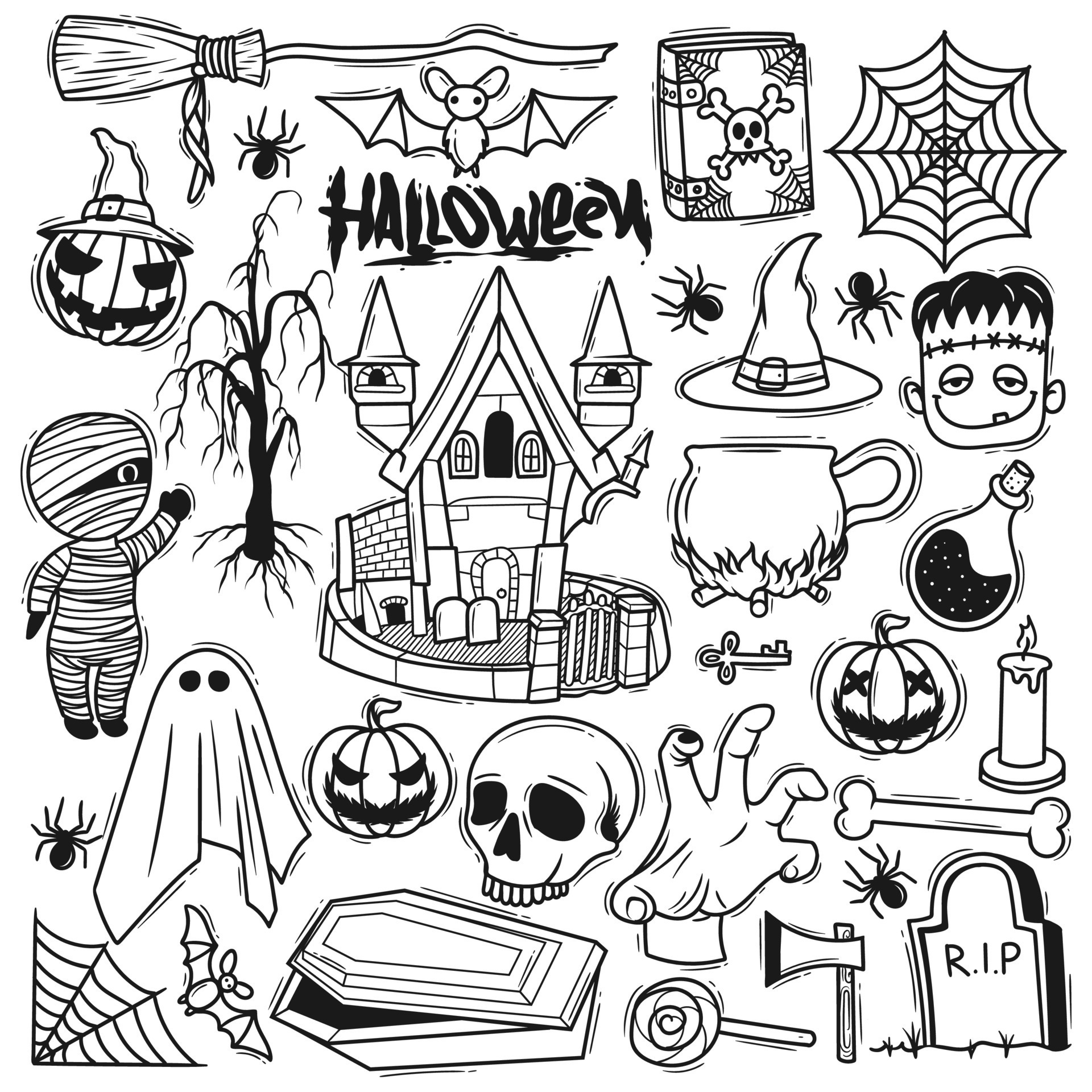 Premium Vector, Set doodle drawing hand drawn halloween black and white