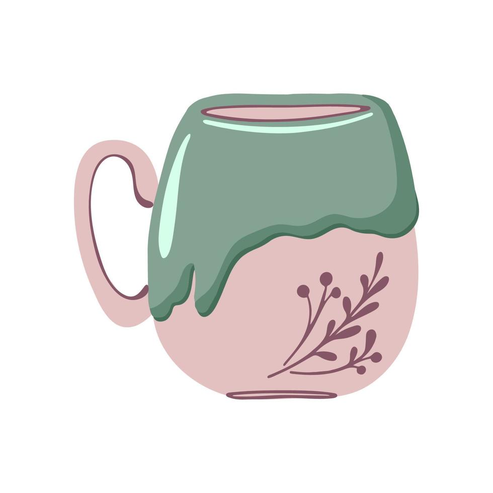Ceramic tea cup. Coffee cup with herbal ornament. Funny drink crockery. Handmade tableware. Vector illustration isolated on white background.