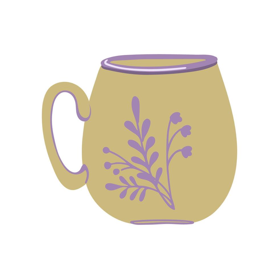 Ceramic tea cup. Coffee cup with herbal ornament. Funny drink crockery. Handmade tableware. Vector illustration isolated on white background.