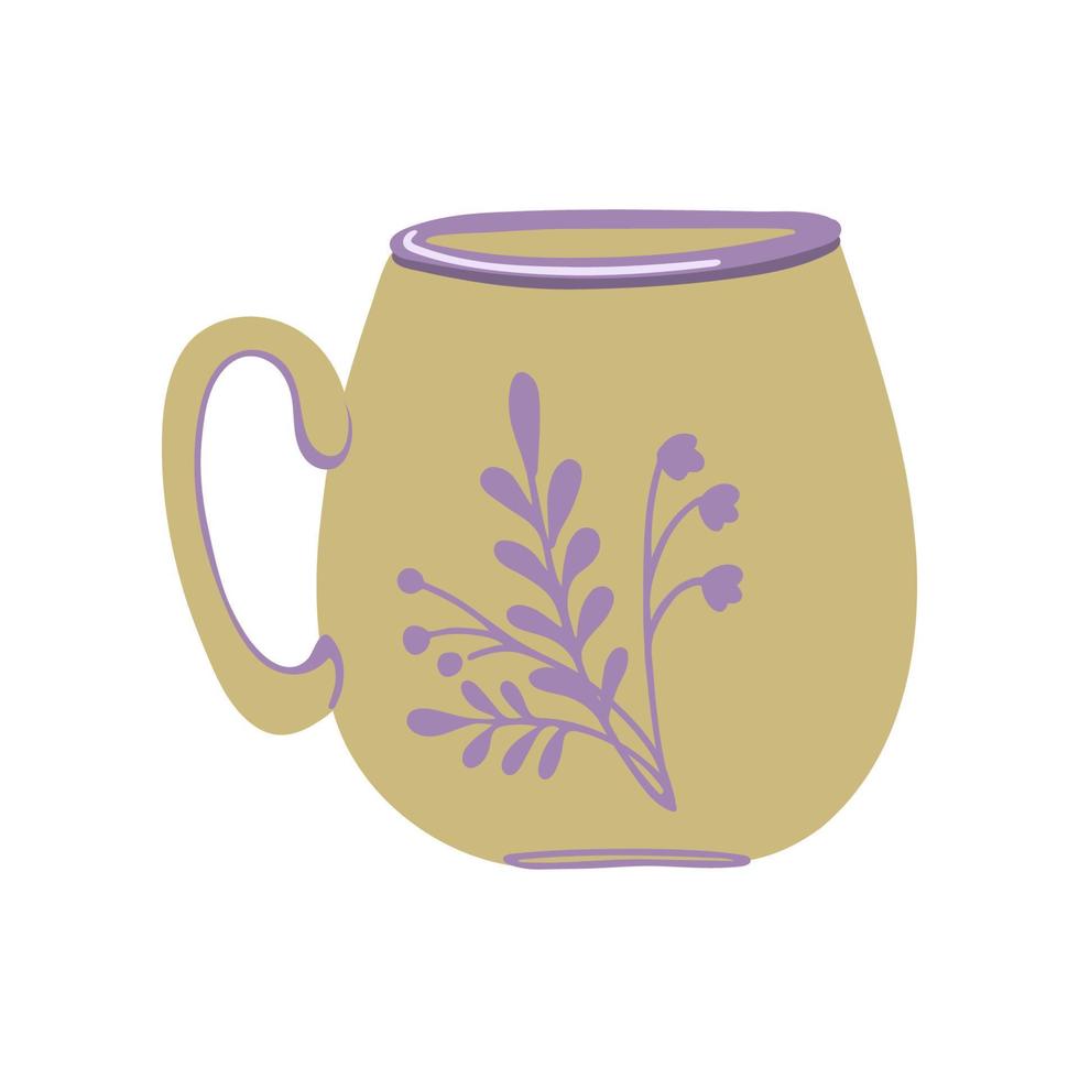 taza de té de cerámica. taza de café con adorno de hierbas. vajilla de bebida divertida. vajilla hecha a mano. ilustración vectorial aislado sobre fondo blanco. vector