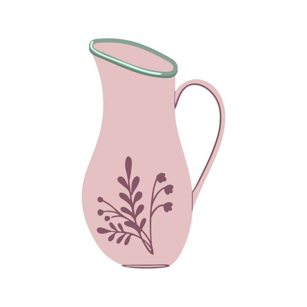 jarra de cerámica con adorno de hierbas. capacidad para beber. jarra hecha a mano. ilustración vectorial aislado sobre fondo blanco. vector