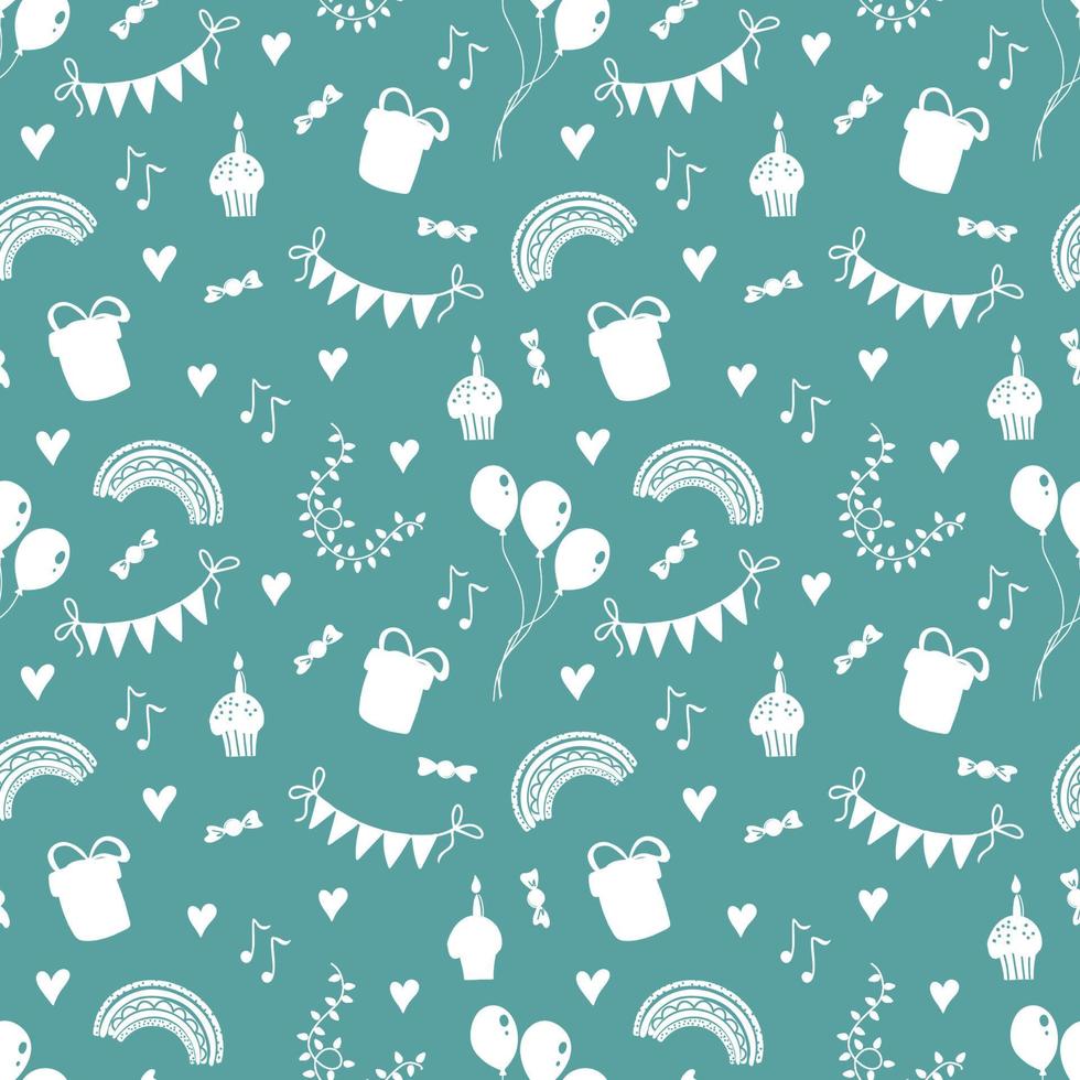 White silhouette of party elements on turquoise background. Seamless birthday pattern. Vector illustration. Cute print for kid's party design, textile, wallpaper.