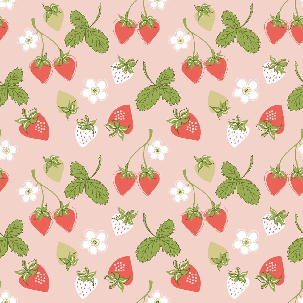 Colorful seamless strawberry pattern with strawberry leaves and flowers on pink background. Hand drawn style vector illustration.