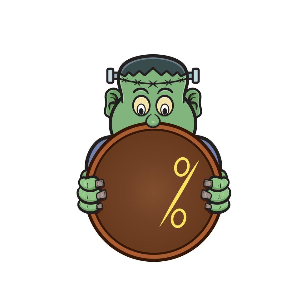 Cartoon Mascot Of Cute Frankenstein With Blank Signboard Percent. vector