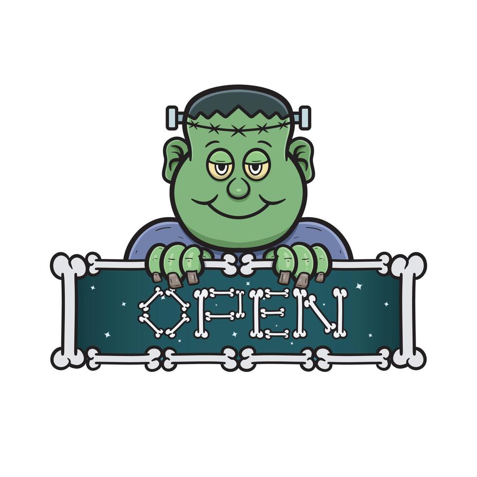 Cartoon Mascot Of Cute Frankenstein Man With Signboard Open. vector