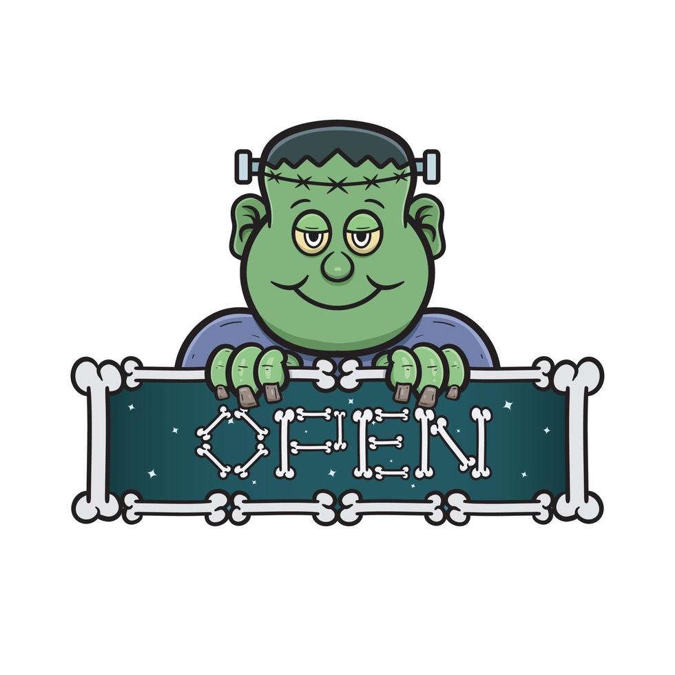 mascota de dibujos animados del lindo hombre de frankenstein con letrero abierto. vector