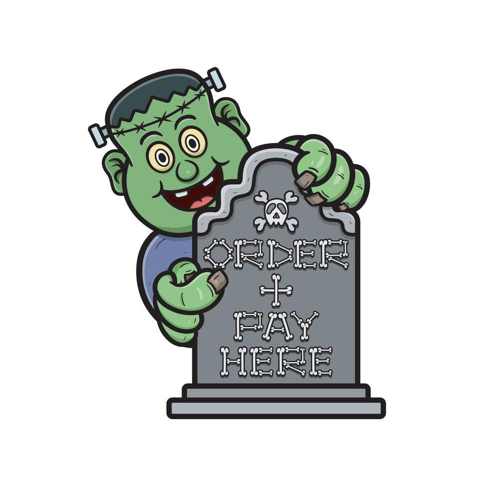 Cartoon Mascot Of Cute Frankenstein With Order And Pay Here Signboard. vector