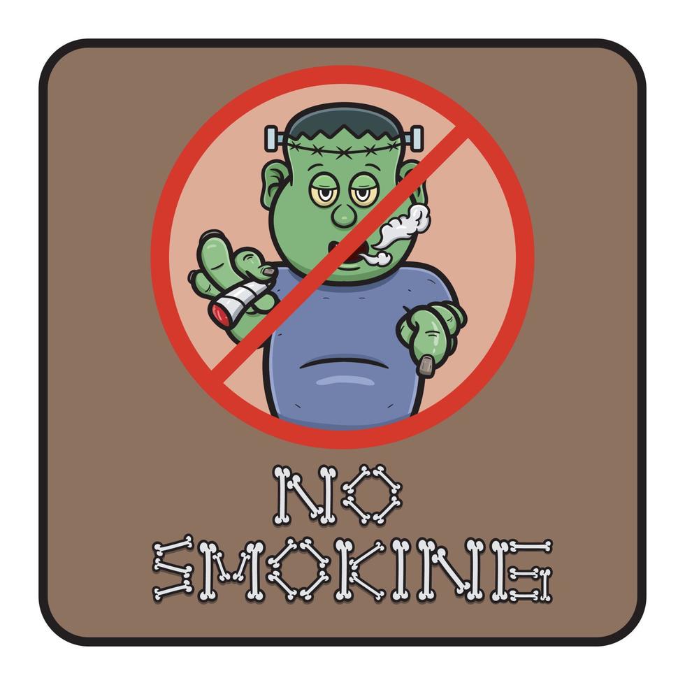 Cartoon Mascot Of Cute Frankenstein With No Smoking Here Signboard. vector
