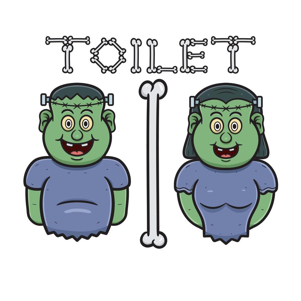 Cartoon Mascot Of Cute Frankenstein Man and Girl With Toilet Signboard. vector