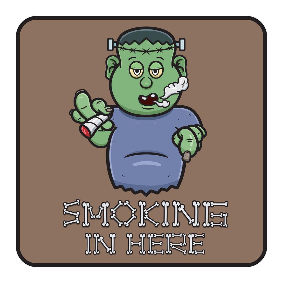 Cartoon Mascot Of Cute Frankenstein With Smoking Here Signboard. vector