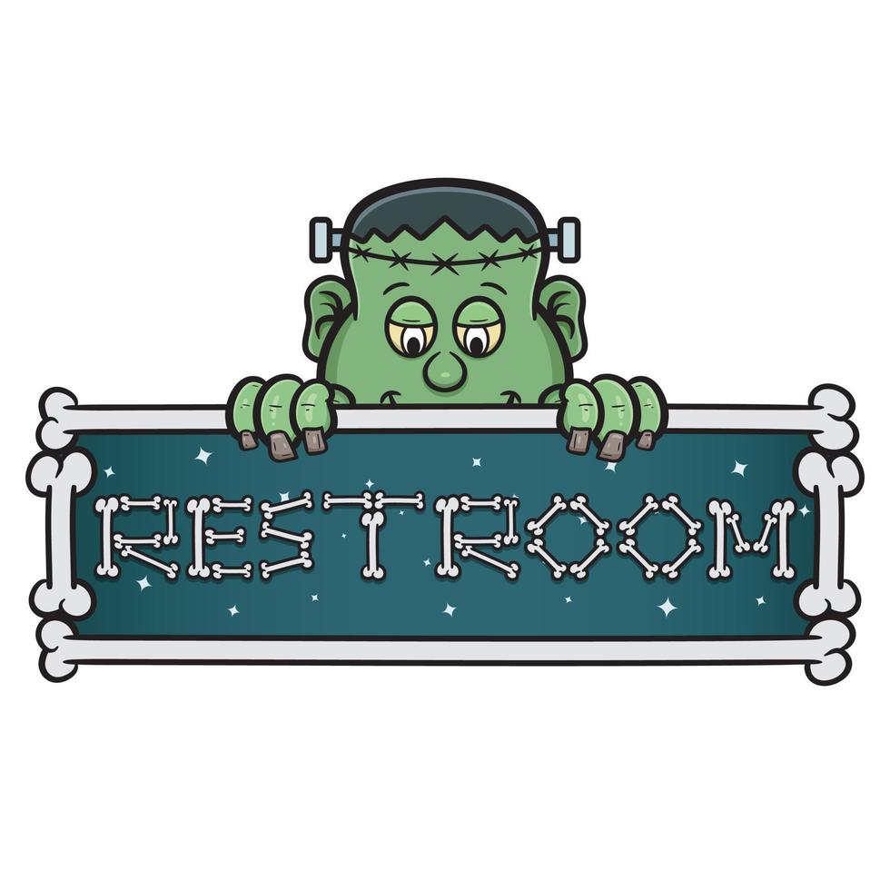 Cartoon Mascot Of Cute Frankenstein With Restroom Signboard. vector