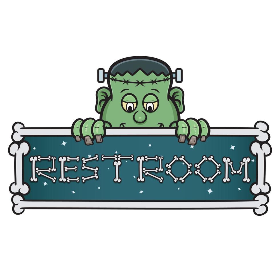 mascota de dibujos animados de frankenstein lindo con letrero de baño. vector