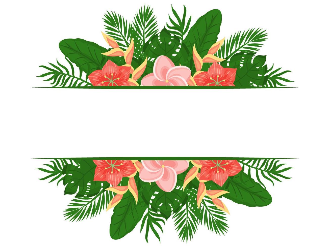 Summer cute frame with palm leaves and exotic flowers. Place for text.  Template for design. Vector illustration. cartoon style