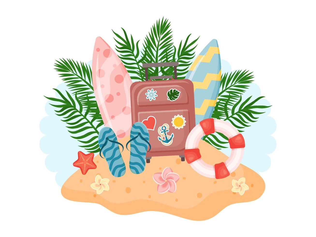 Beach island with summer elements in blue sky background. Vector illustration. Cartoon style. Isolated on white.