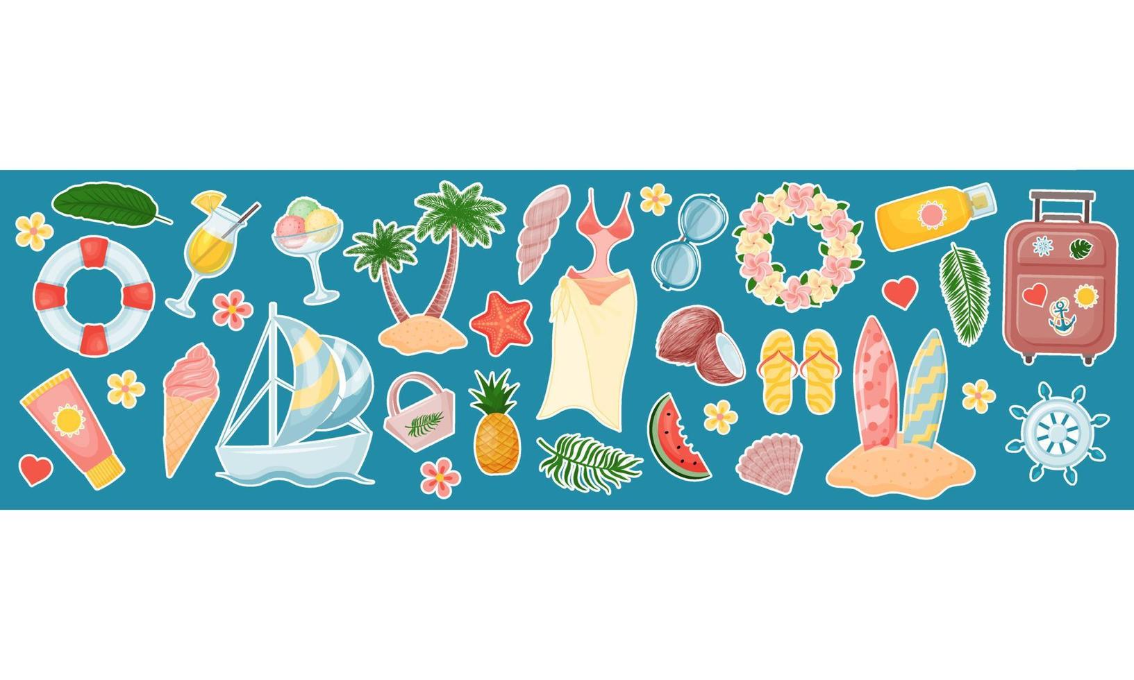 Cute summer banner with many elements.. Horizontal flyer. Top of site. Vector illustration. Cartoon style.