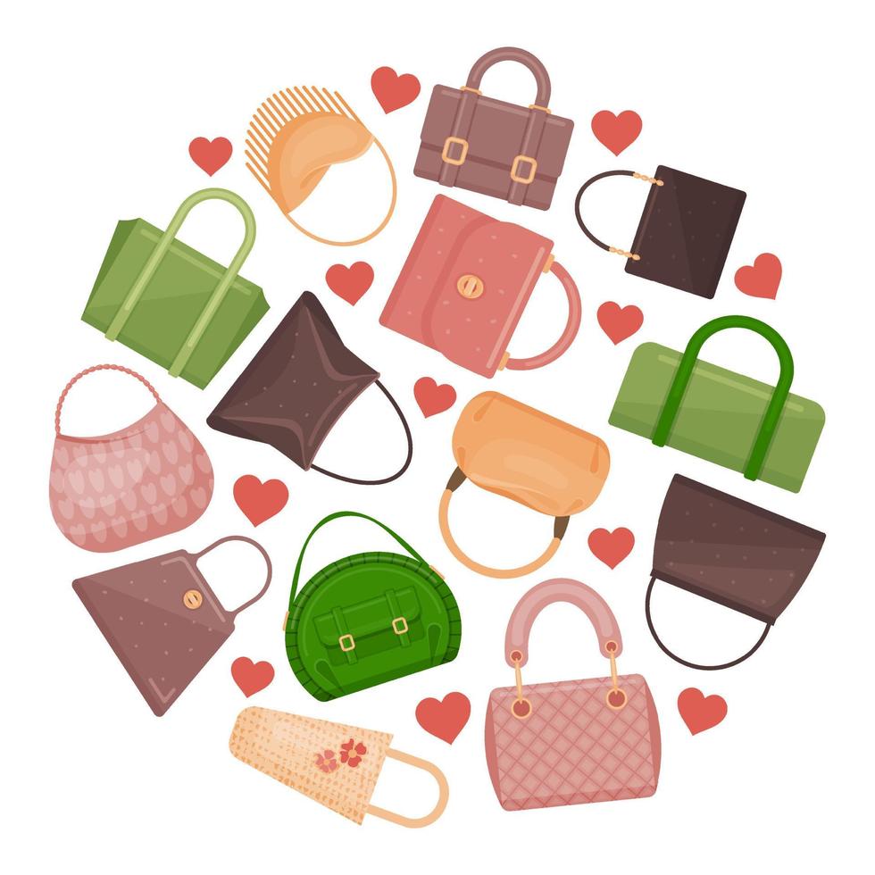 Cute many bags in round form. Vector illustration. Cartoon style.
