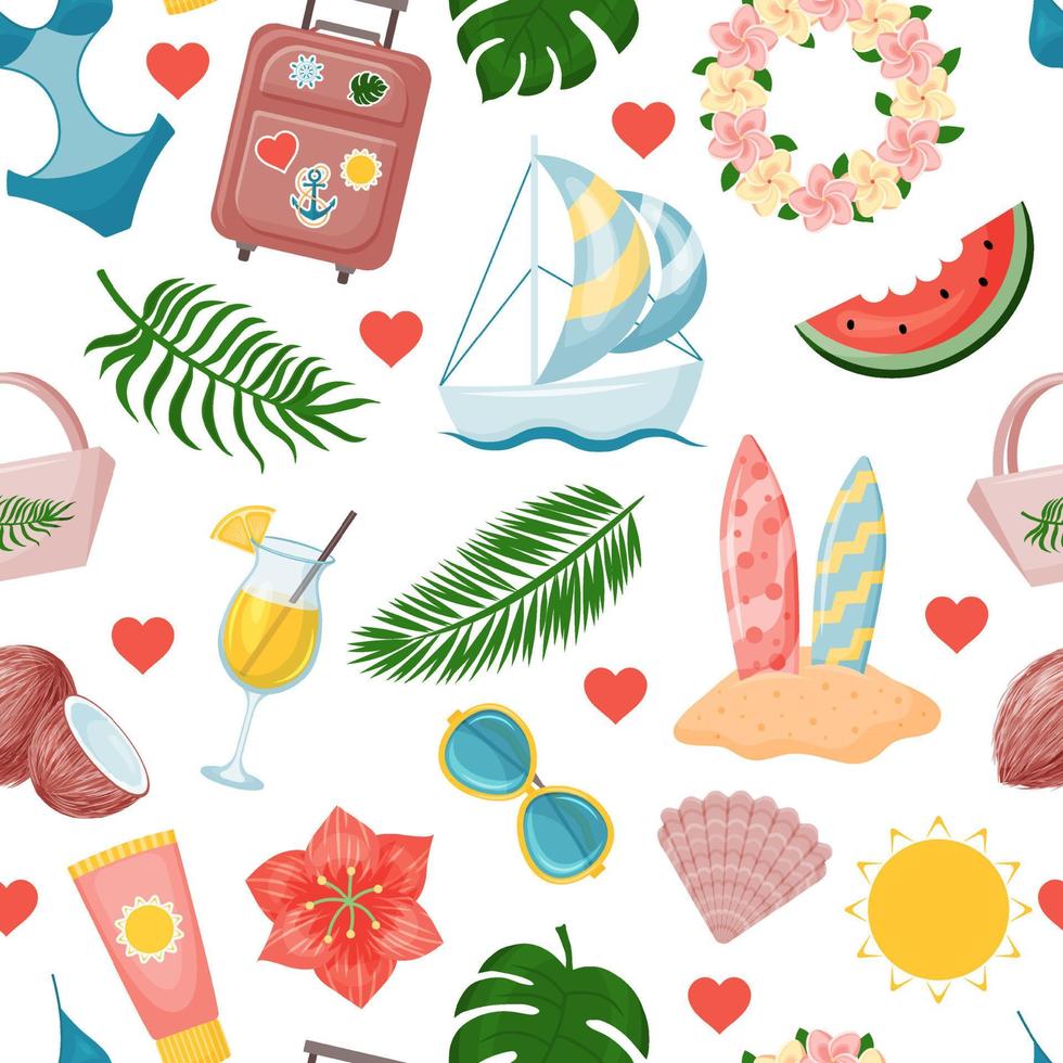 patrón sin costuras de lindos elementos de verano maleta, fruta, bebidas, hojas de palma, traje de baño, flores. textura interminable. ilustración vectorial estilo de dibujos animados vector