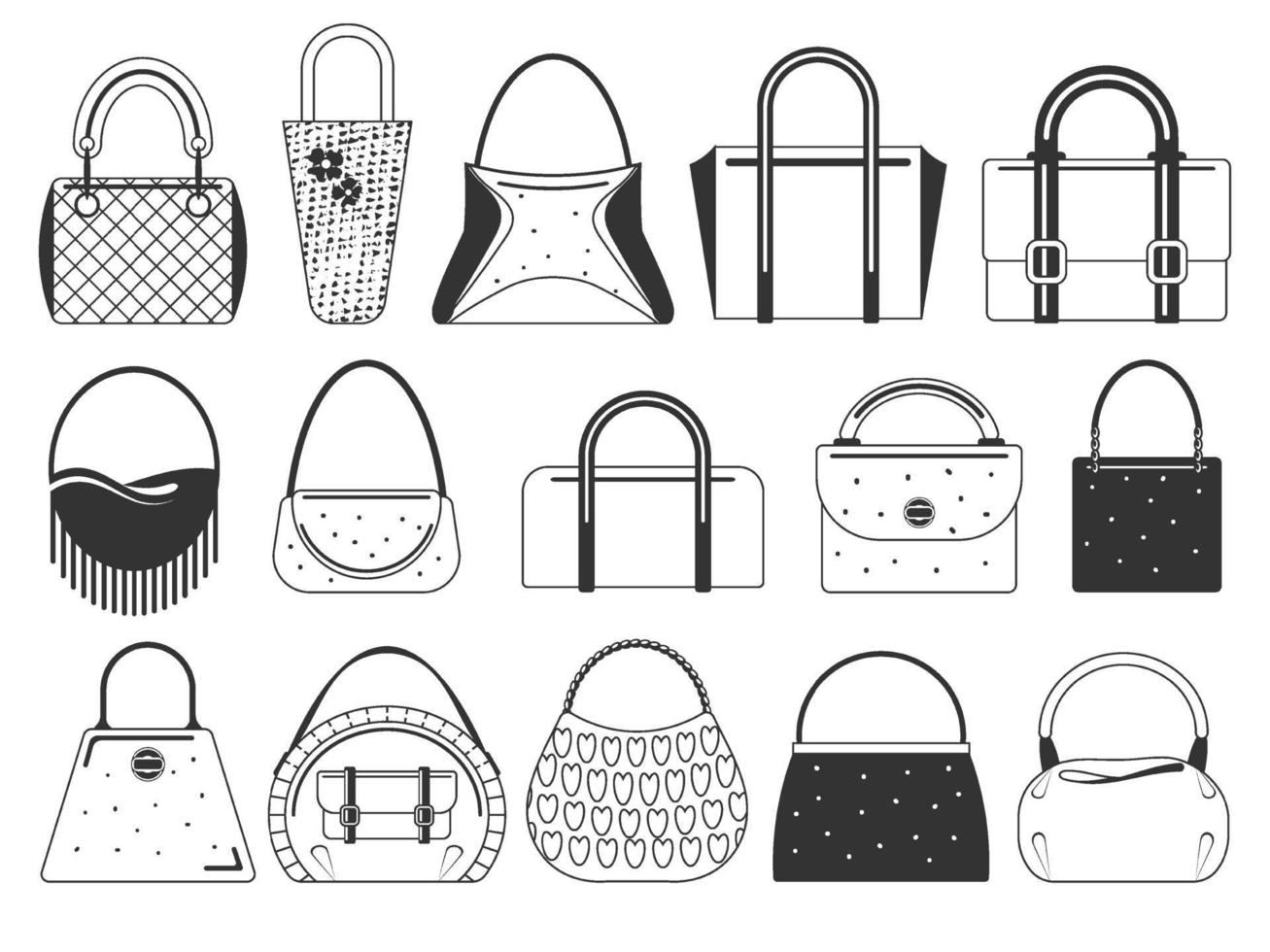 conjunto de bolsas de moda monocromáticas. iconos aislados en blanco. objetos en blanco y negro. ilustración vectorial estilo garabato. vector