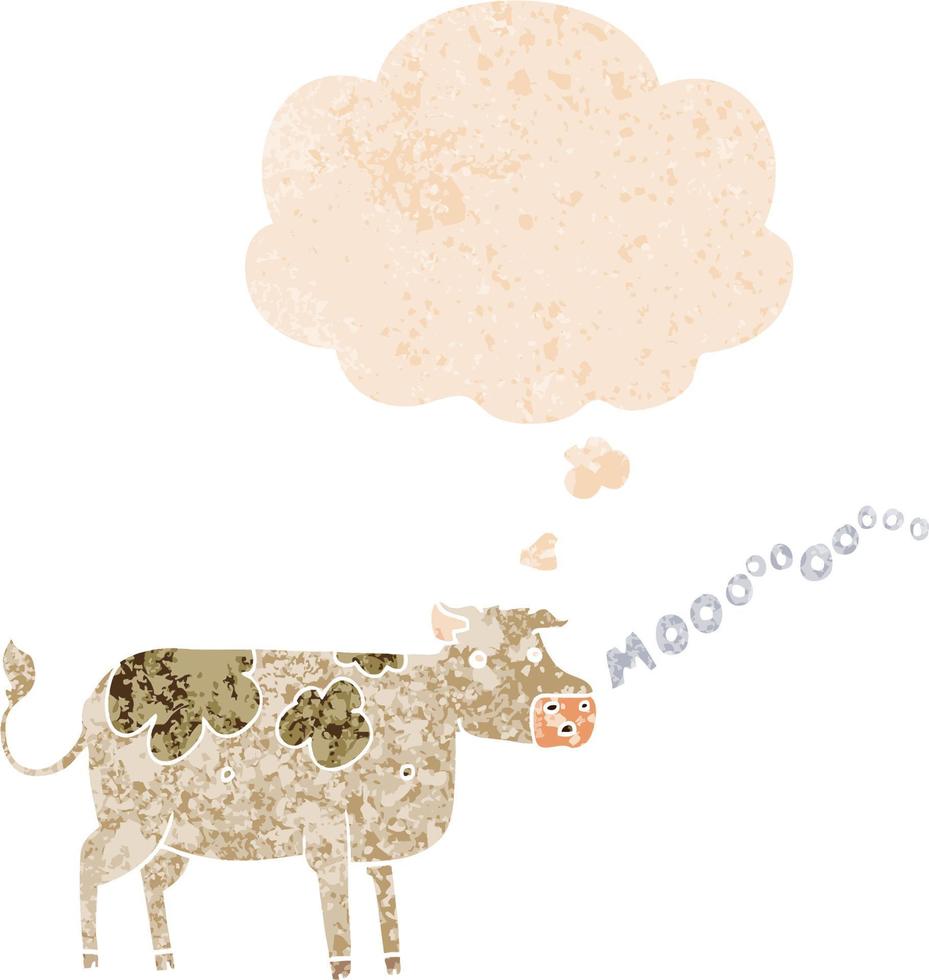 cartoon cow and thought bubble in retro textured style vector