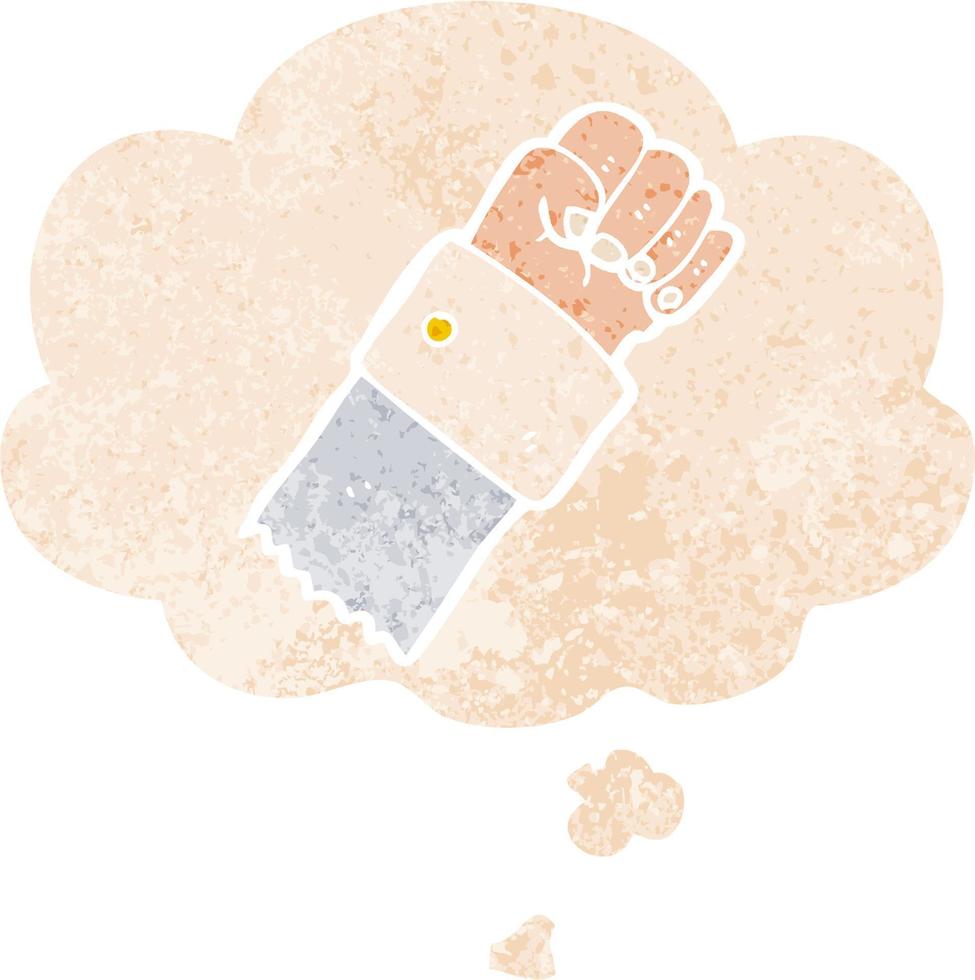 cartoon raised fist and thought bubble in retro textured style vector
