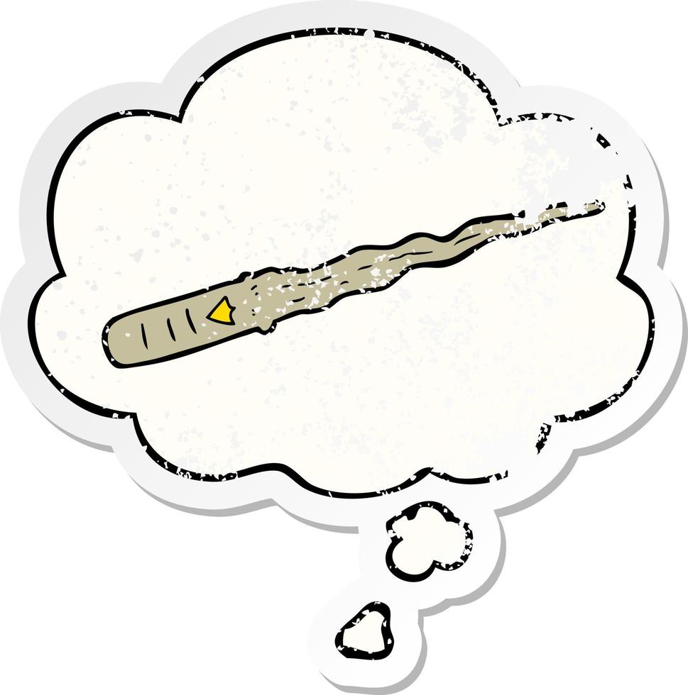 cartoon magic wand and thought bubble as a distressed worn sticker vector