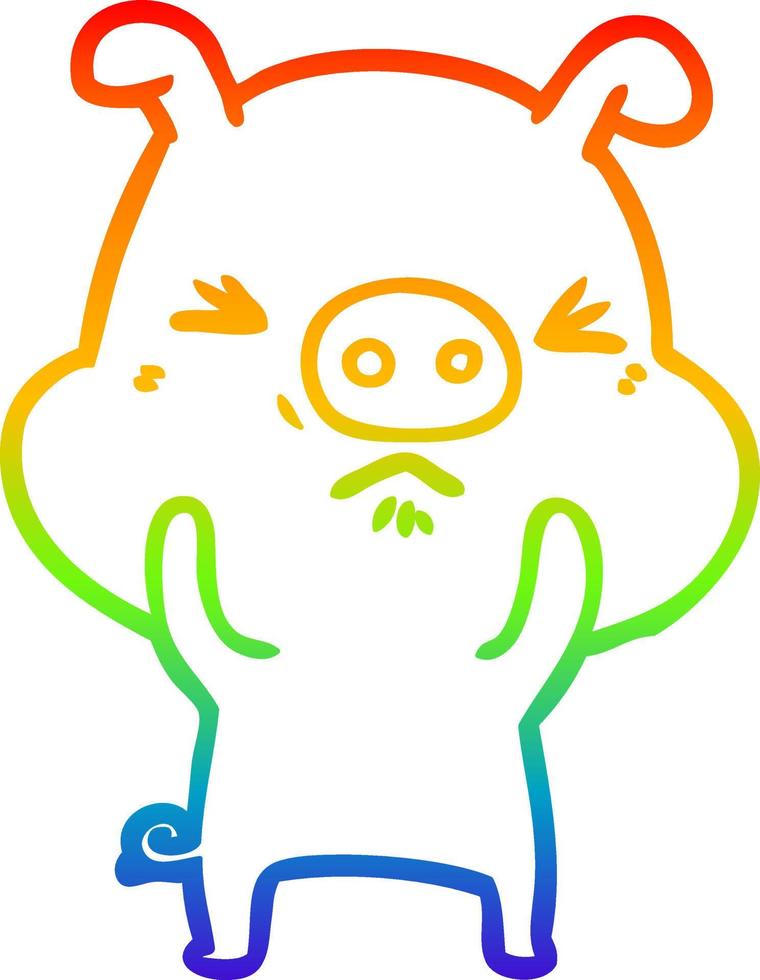 rainbow gradient line drawing cartoon angry pig vector