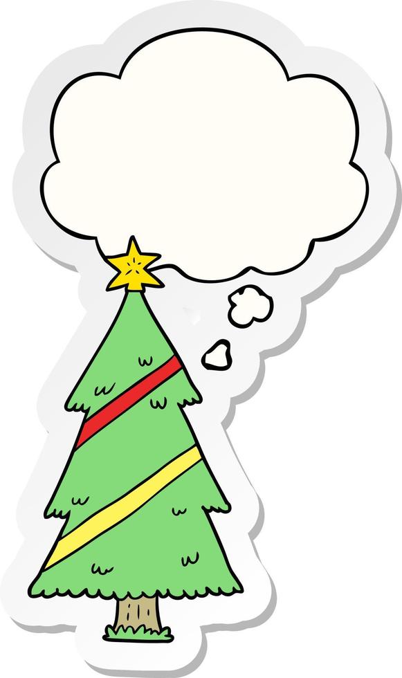 cartoon christmas tree and thought bubble as a printed sticker vector