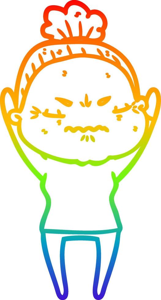 rainbow gradient line drawing cartoon annoyed old lady vector