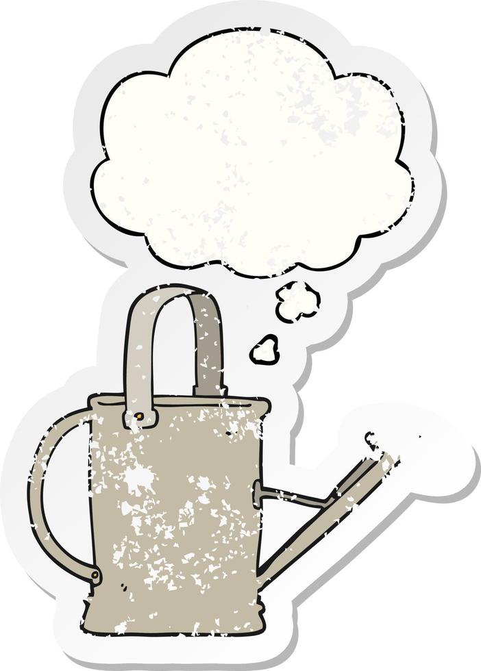 cartoon watering can and thought bubble as a distressed worn sticker vector