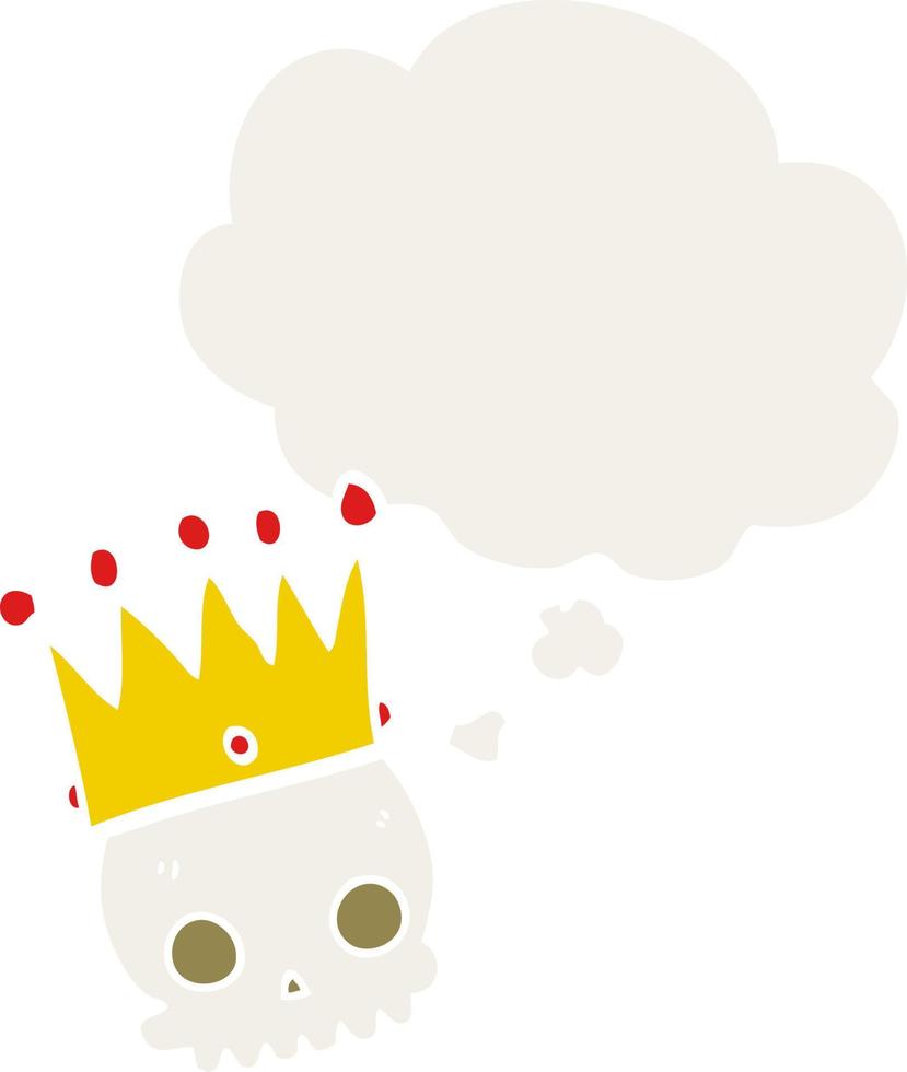 caricatura, cráneo, con, corona, y, pensamiento, burbuja, en, estilo retro vector