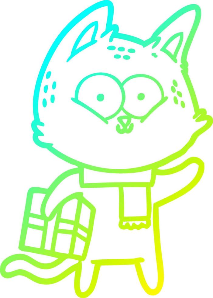 cold gradient line drawing cartoon cat holding christmas present vector