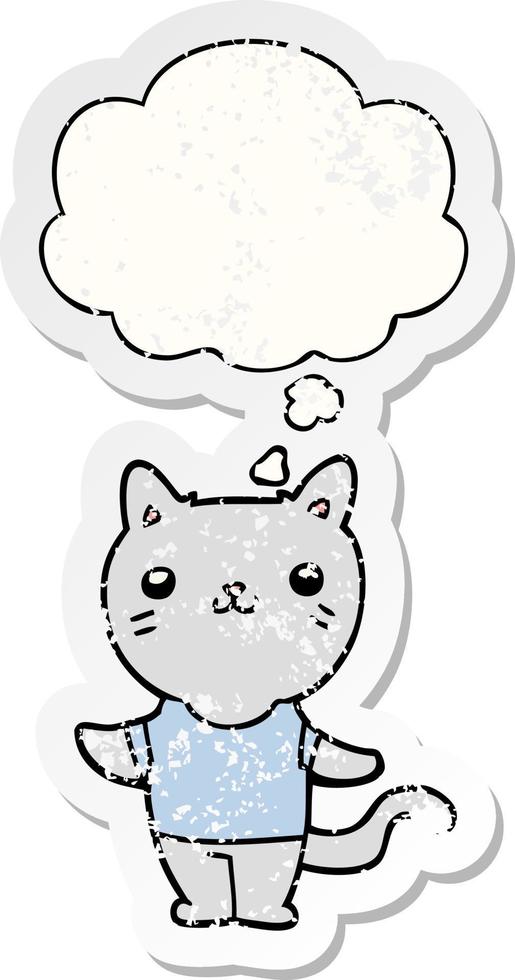 cartoon cat and thought bubble as a distressed worn sticker vector