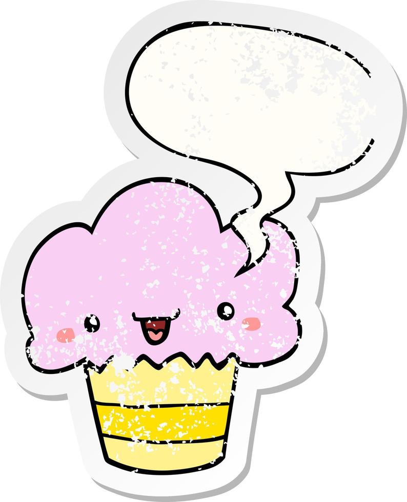 cartoon cupcake and face and speech bubble distressed sticker vector