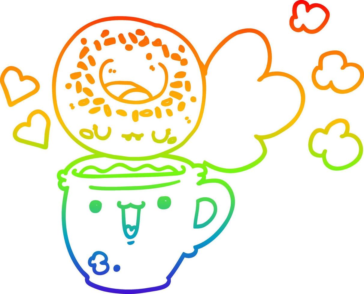 dibujo de línea de gradiente de arco iris donut de dibujos animados lindo y café vector