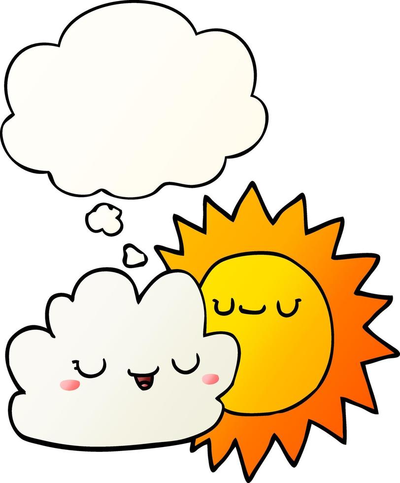 cartoon sun and cloud and thought bubble in smooth gradient style vector