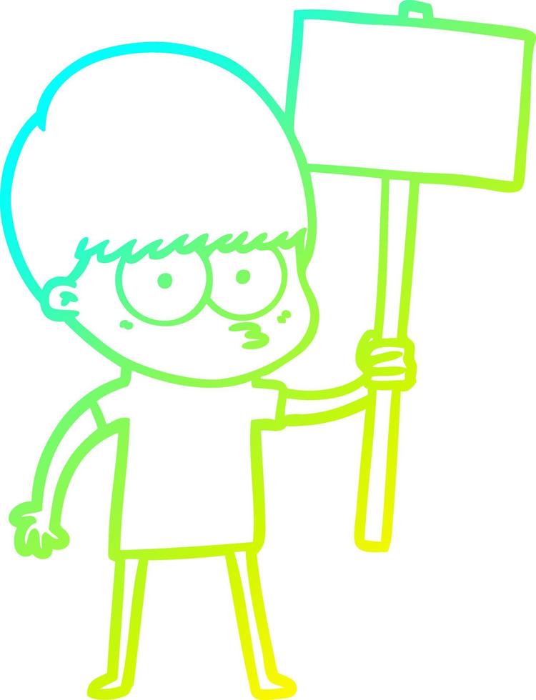 cold gradient line drawing nervous cartoon boy holding placard vector