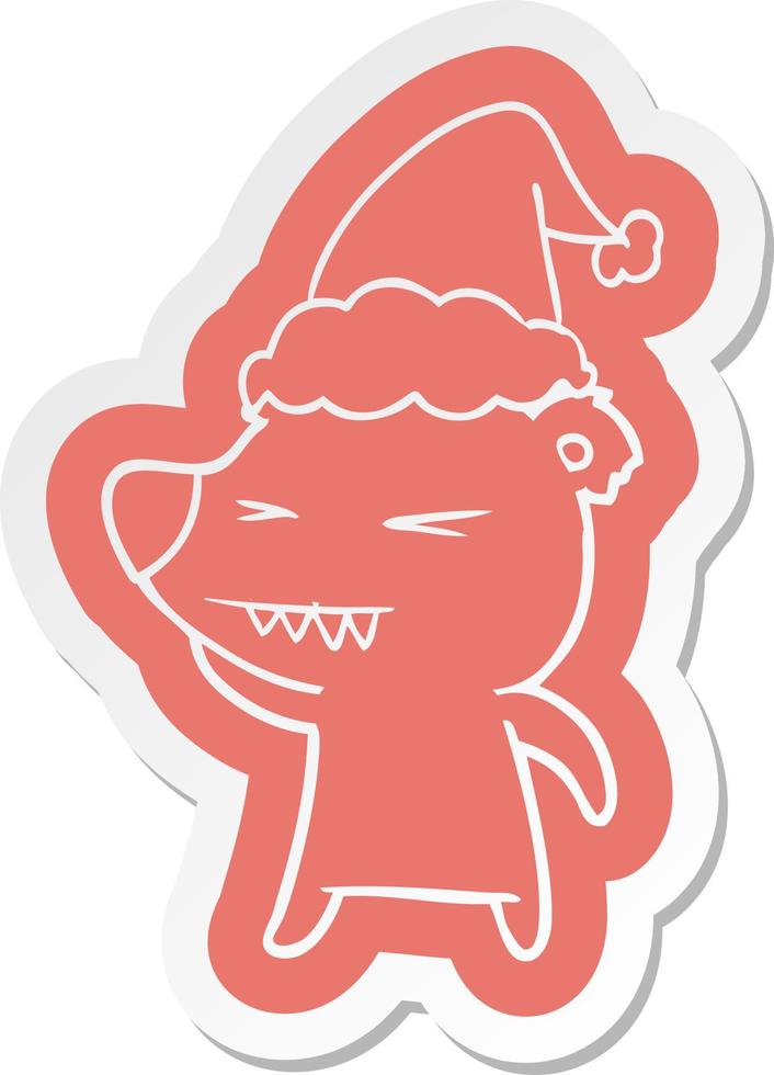 angry polar bear cartoon  sticker of a wearing santa hat vector