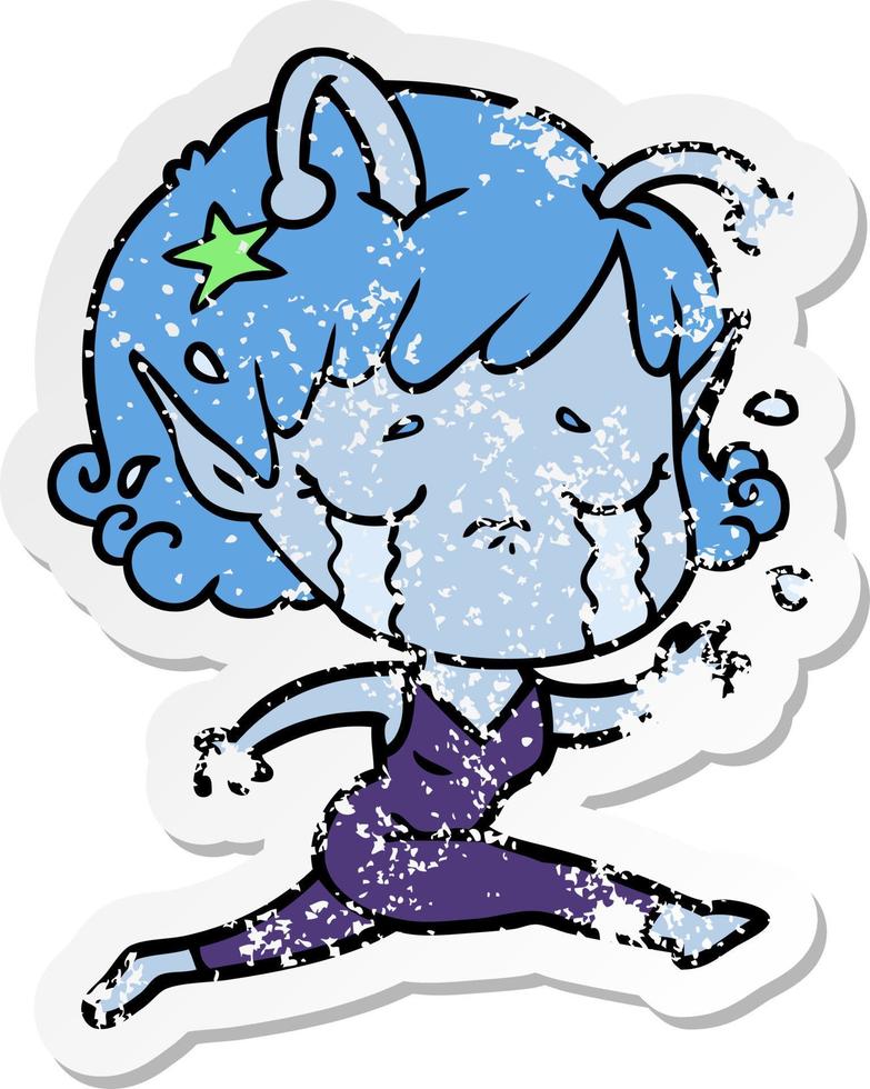 distressed sticker of a cartoon crying alien girl vector