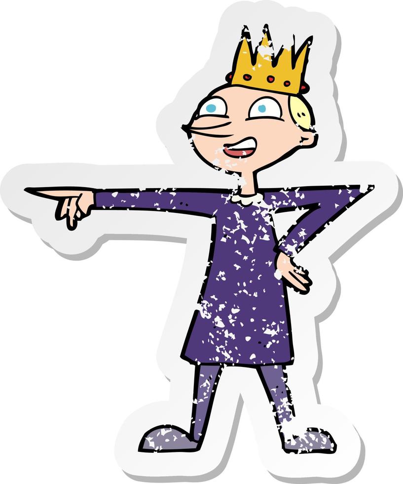 retro distressed sticker of a cartoon pointing prince vector
