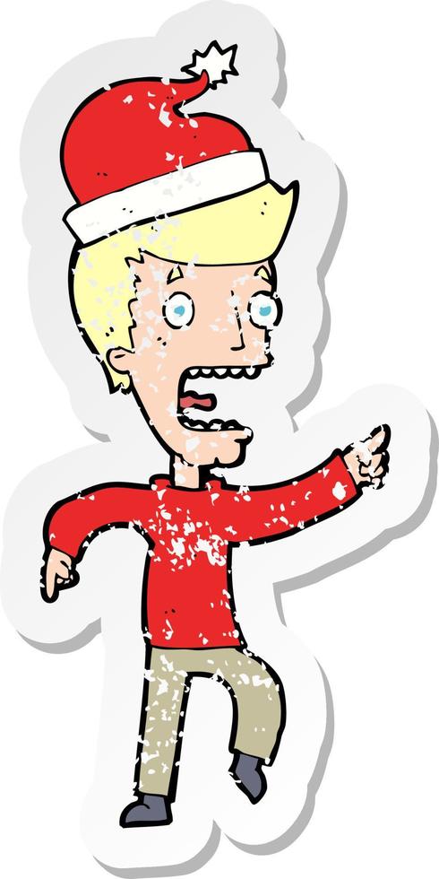 retro distressed sticker of a cartoon man ready for christmas vector