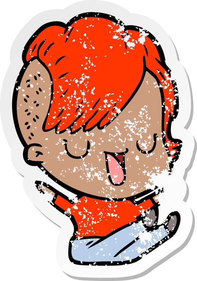 distressed sticker of a cute cartoon girl with hipster haircut vector