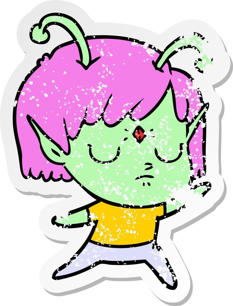 distressed sticker of a cartoon alien girl vector