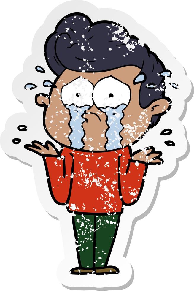 distressed sticker of a cartoon crying man vector