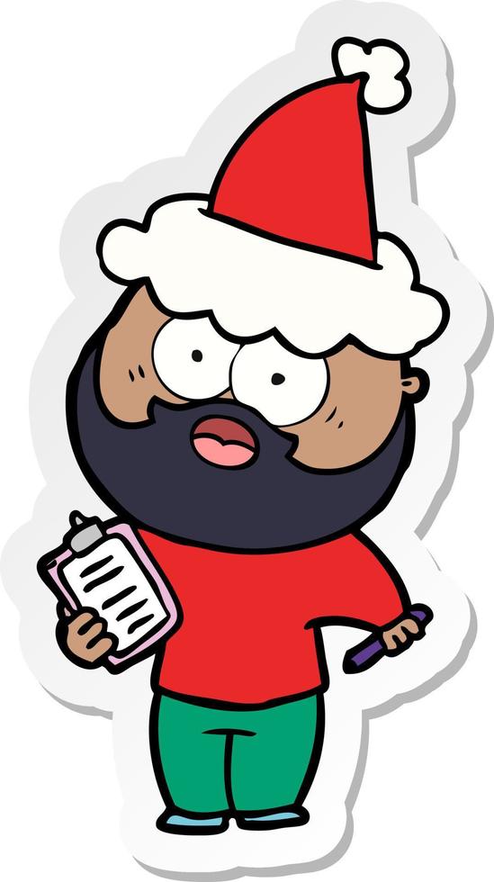 sticker cartoon of a bearded man with clipboard and pen wearing santa hat vector