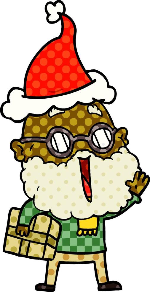 comic book style illustration of a joyful man with beard and parcel under arm wearing santa hat vector