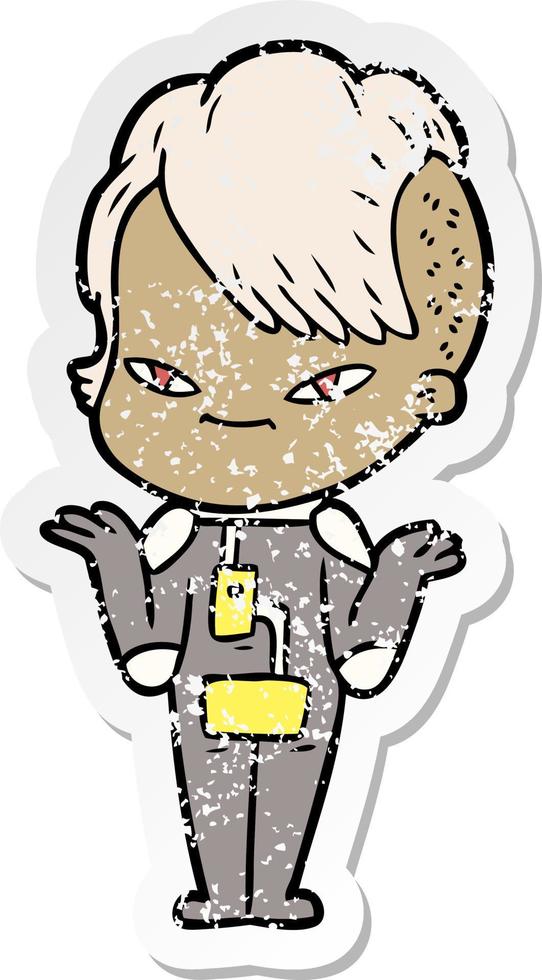 distressed sticker of a cute cartoon girl with hipster haircut vector